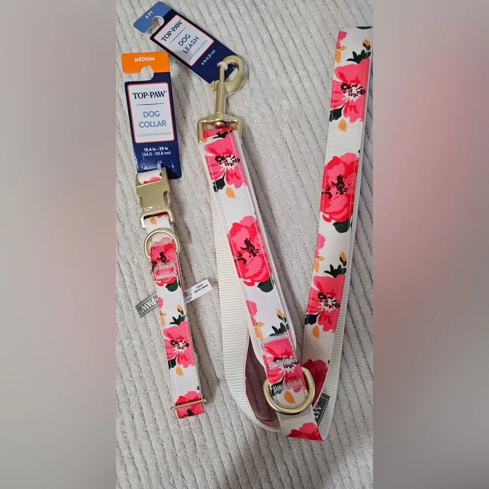 Top Paw White/Pink Floral Collar & Leash Set (M)